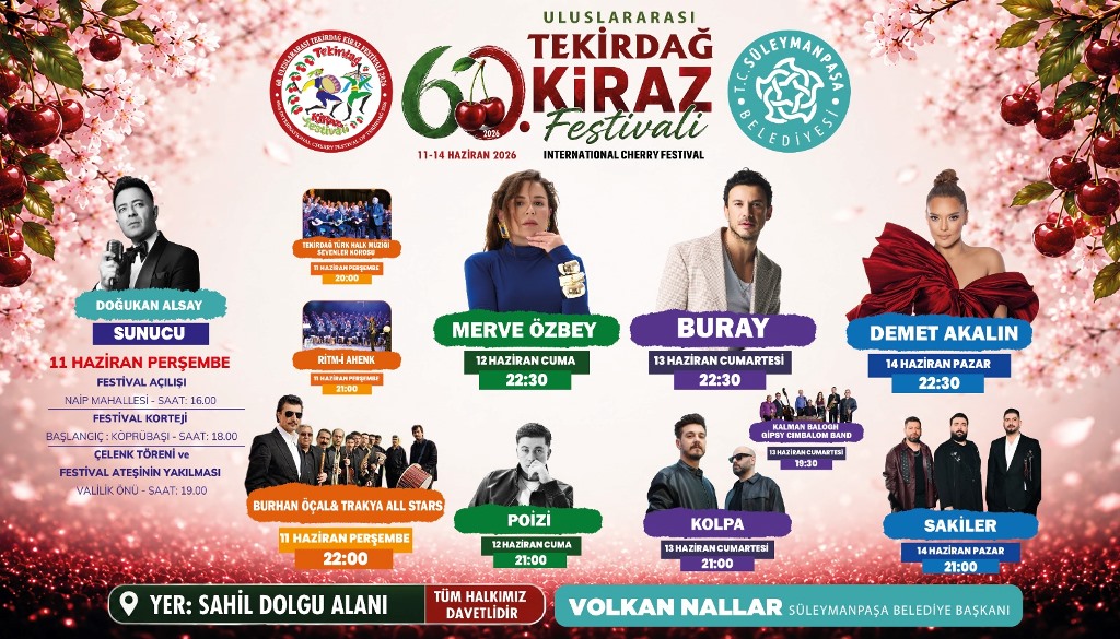 60. ULUSLARARASI TEKİRDAĞ KİRAZ FESTİVALİ’NDE SAHNE ALACAK SANATÇILAR BELLİ OLDU